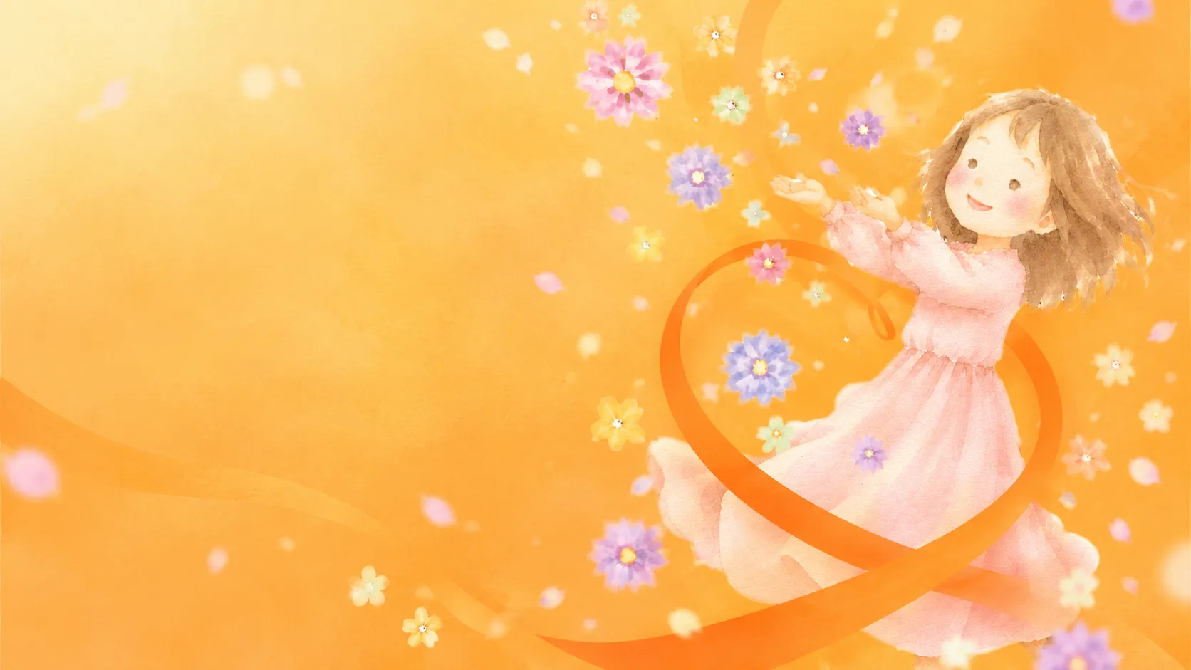 オレンジリボンと花に囲まれた、やさしいタッチの人物イラスト
